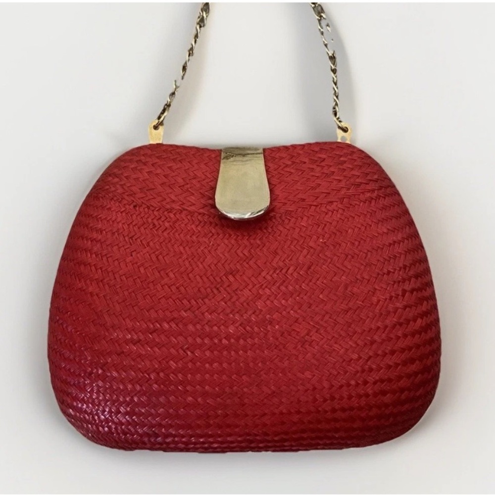 Vintage Red Woven‎ Raffia Evening Bag Womens Mini Crossbody Clutch Chain Strap